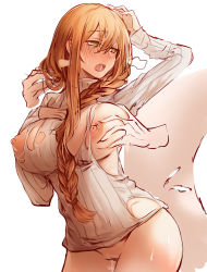 Rule 34 | 1girl, arm up, bad id, bad pixiv id, between breasts, blonde hair, blush, bottomless, braid, breasts, cowboy shot, cum, cum in pussy, disembodied hand, full-face blush, girls&#039; frontline, grabbing, grabbing another&#039;s breast, grabbing from behind, green eyes, hair between breasts, hair between eyes, hair over shoulder, half-closed eyes, hand in another&#039;s hair, hand on own chest, hand on own head, highres, large breasts, long hair, long sleeves, looking back, nipple slip, nipples, no bra, no pants, pussy, saliva, simple background, single braid, sketch, solo focus, springfield (girls&#039; frontline), standing, suru (ksoo420), sweat, sweater, thighs, torn clothes, torn sweater, white background, white sweater