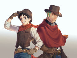 Rule 34 | 2boys, adjusting clothes, adjusting headwear, alternate costume, black hair, brown gloves, cowboy hat, foxvulpine, gloves, green hair, hat, leather belt, leather vest, light smile, long sleeves, looking at viewer, male focus, monkey d. luffy, multiple boys, one eye closed, one piece, roronoa zoro, scar, scar across eye, scar on face, shirt, smile, teeth, upper body, white background, white shirt