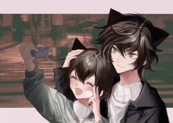 Rule 34 | 2boys, animal ears, aoyagi ritsuka, aoyagi seimei, arm up, bandage on face, bandages, black hair, black jacket, blurry, blurry background, blush, brothers, cat boy, cat ears, cellphone, closed eyes, commentary, green jacket, grey eyes, hand on another&#039;s head, hand up, happy, highres, holding, holding phone, hood, hooded jacket, jacket, loveless, male focus, multiple boys, open mouth, outdoors, phone, photo background, playground, selfie, short hair, siblings, smartphone, smile, standing, sweater, taking picture, turtleneck, upper body, user nfzt8223, v, wavy hair, white sweater