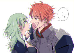 Rule 34 | ..., 1boy, 1girl, arm up, armor, blue eyes, blue hair, breastplate, breasts, buttons, byleth (female) (fire emblem), byleth (fire emblem), chromatic aberration, collar, commentary request, couple, eye contact, face-to-face, fire emblem, fire emblem: three houses, from side, fudou (kakko kari), fur-trimmed collar, fur trim, hair between eyes, hand on another&#039;s mouth, hetero, long hair, looking at another, nintendo, orange hair, parted lips, short hair, shoulder armor, sidelocks, sylvain jose gautier, upper body, wavy hair, white collar