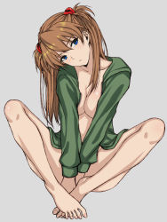 Rule 34 | 1girl, barefoot, blue eyes, breasts, brown hair, closed mouth, cocq taichou, collarbone, evangelion: 3.0+1.0 thrice upon a time, full body, green jacket, grey background, indian style, jacket, legs, long hair, long sleeves, medium breasts, neon genesis evangelion, no bra, open clothes, open jacket, rebuild of evangelion, simple background, sitting, solo, souryuu asuka langley, toes
