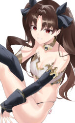 Rule 34 | 1girl, absurdres, armlet, bikini, black thighhighs, blush, bracelet, breasts, brown hair, cleavage, detached sleeves, earrings, fate/grand order, fate (series), gold trim, grin, hair ribbon, highres, hoop earrings, ishtar (fate), jewelry, kurozawa yui, long hair, looking at viewer, medium breasts, mismatched bikini, neck ring, parted bangs, red eyes, ribbon, single detached sleeve, single thighhigh, smile, solo, swimsuit, thighhighs, thighs, two side up