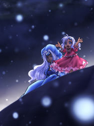 Rule 34 | 00s, age difference, ahoge, aino yumeri, child, dark-skinned female, dark skin, dress, gem, happy, hat, long hair, meredy (tales), mother and daughter, namco, night, purple eyes, purple hair, shizel, sitting, smile, tales of (series), tales of eternia, twintails