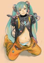 Rule 34 | 1girl, absurdres, alternate costume, aqua hair, baggy pants, hatsune miku, headphones, heterochromia, highres, junjunforever, kneeling, lapel pin, long hair, looking at viewer, loose clothes, machinery, midriff, navel, open clothes, open shirt, panties, pants, shirt, side-tie panties, solo, striped clothes, striped panties, twintails, underwear, very long hair, vocaloid