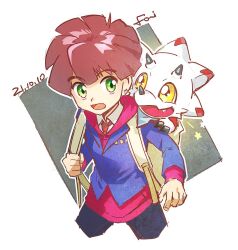 Rule 34 | 1boy, amanokawa hiro, backpack, bag, blue jacket, claws, collared shirt, commentary, cropped legs, dated, digimon, digimon (creature), digimon ghost game, fang, fon-due (fonfon), gammamon, green eyes, hood, hooded sweater, jacket, long sleeves, male focus, necktie, open mouth, outline, pink sweater, red necktie, shirt, sweater, symbol-only commentary, white outline, white shirt, yellow eyes