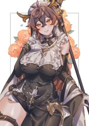 Rule 34 | 1girl, absurdres, alternate costume, black dress, blush, breasts, brown hair, commentary request, cosplay, crow 3434, detached sleeves, dragon horns, dress, earrings, flower, galleon (granblue fantasy), galleon (granblue fantasy) (cosplay), genderswap, genderswap (mtf), genshin impact, gloves, gradient hair, granblue fantasy, hand on own chest, heart, highres, horns, jewelry, large breasts, long hair, looking at viewer, multicolored hair, orange eyes, orange flower, parted lips, side slit, simple background, single earring, solo, tassel, tassel earrings, thigh strap, trait connection, white gloves, zhongli (genshin impact)