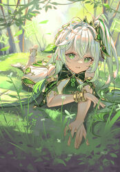 Rule 34 | 1girl, absurdres, al guang, bare shoulders, bracelet, dress, genshin impact, green eyes, grey hair, highres, jewelry, looking at viewer, lying, nahida (genshin impact), outdoors, pointy ears, smile, solo, symbol-shaped pupils