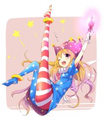 Rule 34 | 1girl, american flag dress, american flag legwear, anklet, blonde hair, blush, clownpiece, collar, fairy wings, frilled collar, frilled shirt collar, frills, gloves, hat, highres, jester cap, jewelry, leg up, long hair, neck ruff, one eye closed, open mouth, pantyhose, polka dot, purple eyes, simple background, solo, star (symbol), teeth, torch, touhou, uta (kuroneko), white gloves, wings