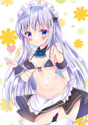 Rule 34 | 1girl, alternate costume, apron, bare shoulders, bikini, bitter crown, black skirt, black sleeves, blue bow, blue eyes, blue hair, blush, bow, breasts, closed mouth, commentary request, covered erect nipples, detached sleeves, enmaided, floral background, frilled apron, frilled bikini, frilled sleeves, frills, gluteal fold, gochuumon wa usagi desu ka?, hair ornament, hand up, heart, kafuu chino, long hair, looking at viewer, maid, maid bikini, maid headdress, navel, panties, pleated skirt, puffy short sleeves, puffy sleeves, short sleeves, simple background, skirt, small breasts, smile, solo, swimsuit, thighhighs, unconventional maid, underwear, very long hair, waist apron, white apron, white background, white panties, white thighhighs, wrist cuffs, x hair ornament