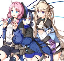 Rule 34 | 3girls, arknights, blue eyes, blue hair, blue jacket, blue poison (arknights), blue poison (elite ii) (arknights), blush, brown hair, candy, elite ii (arknights), food, food in mouth, glaucus (arknights), hair bun, hair ornament, hasumi takashi, highres, hood, hooded jacket, hug, hug from behind, id card, indigo (arknights), infection monitor (arknights), jacket, lollipop, long hair, long sleeves, low twintails, medium hair, miniskirt, multicolored hair, multiple girls, open clothes, open collar, open jacket, parted lips, pink hair, pointy ears, purple eyes, shirt, shorts, shrug (clothing), single hair bun, skirt, streaked hair, suspender shorts, suspenders, tail, test tube, thighhighs, twintails, very long hair, white shirt