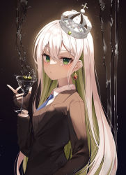 Rule 34 | 1girl, :o, absurdres, bad id, bad pixiv id, black gloves, black jacket, blue necktie, blush, cocktail glass, collared shirt, commentary request, crown, cup, drinking glass, earrings, fingerless gloves, from side, glass, gloves, gradient background, green eyes, hair between eyes, hand up, highres, holding, jacket, jewelry, long hair, long sleeves, looking at viewer, martini, nannung, necktie, original, shirt, sky, solo, upper body, very long hair, white shirt