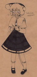 Rule 34 | 1girl, animal ears, artist name, black skirt, brown background, cape, crying, crying with eyes open, dated, fidgeting, flying sweatdrops, frilled socks, frills, full body, highres, index fingers together, jewelry, long sleeves, monochrome, mouse (animal), mouse ears, mouse tail, mushroom (osh320), nazrin, open mouth, pendant, red eyes, short hair, simple background, skirt, skirt set, socks, solo, spot color, tail, tears, touhou