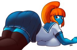 Rule 34 | 1girl, alien, ass, black thighhighs, blazbaros, blue skin, blue skirt, blunt bangs, breast press, breasts, colored skin, confused, curvy, fiery hair, fire warrior, annoyed, high ponytail, huge ass, impossible clothes, impossible shirt, large breasts, legs together, long hair, looking at viewer, looking back, miniskirt, no nose, orange hair, pleated skirt, ponytail, red eyes, school uniform, serafuku, shirt, short sleeves, sidelocks, simple background, skirt, solo, t&#039;au, thick thighs, thighhighs, thighs, tight clothes, warhammer 40k, white background, wide hips, zettai ryouiki