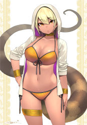 Rule 34 | 1girl, bikini, blonde hair, breasts, cleavage, closed mouth, collarbone, commentary request, cowboy shot, dark-skinned female, dark skin, dated, eyes visible through hair, hair between eyes, halterneck, hand on own hip, happa (cloverppd), head tilt, highres, hood, hood up, hooded jacket, jacket, jewelry, kemono friends, king cobra (kemono friends), large breasts, looking at viewer, navel, neck ring, open clothes, open jacket, orange bikini, orange eyes, side-tie bikini bottom, sleeves past elbows, snake tail, solo, stomach, string bikini, swimsuit, tail, yellow bikini
