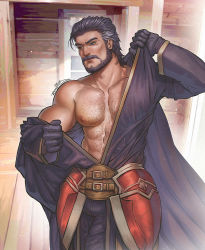 Rule 34 | 1boy, abs, armor, bare pectorals, beard, belt, blurry, blurry background, brown belt, buckle, bulge, cape, chest hair, collarbone, door, duessel (fire emblem), facial hair, fire emblem, fire emblem: the sacred stones, fire emblem heroes, gloves, grey eyes, grey hair, highres, male focus, multicolored hair, muscular, mustache, nintendo, pants, pauldrons, pectorals, purple cape, purple gloves, purple pants, purple shirt, red armor, reirotic, shadow, shirt, shoulder armor, signature, solo, two-tone hair, undressing, white hair, wooden floor, wrinkled skin