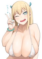 Rule 34 | 1girl, :d, accio, bad id, bad pixiv id, bare shoulders, bikini, blonde hair, blue eyes, blue nails, bracelet, breasts, fang, fingernails, hands up, highres, huge breasts, jewelry, long hair, looking at viewer, nail polish, one eye closed, open mouth, original, simple background, skindentation, smile, solo, star-shaped pupils, star (symbol), swimsuit, symbol-shaped pupils, twintails, upper body, v, white background, white bikini