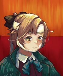 Rule 34 | 1girl, akigumo (kancolle), bandages, brown hair, coat, commentary, dress shirt, english commentary, fine art parody, gadgetcat, green eyes, green neckwear, halterneck, highres, kantai collection, long hair, looking at viewer, parody, ponytail, school uniform, self-portrait with bandaged ear, shirt, solo, upper body, white shirt