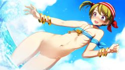 Rule 34 | 1girl, :d, areola slip, bandana, bangle, beach, bikini, bikini top only, blue sky, blush, bottomless, bracelet, cloud, day, dutch angle, eiyuu senki, embarrassed, game cg, gluteal fold, jewelry, key, looking at viewer, navel, ooyari ashito, open mouth, outdoors, pussy, sky, smile, solo, standing, stomach, swimsuit, tears, third-party edit, uncensored, wardrobe malfunction, water, william kidd