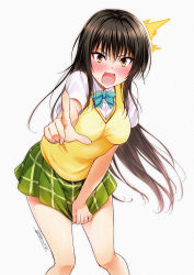Rule 34 | 1girl, ^^^, black hair, blue neckwear, blush, bow, breasts, brown eyes, clothes pull, cowboy shot, green skirt, isshi pyuma, kotegawa yui, large breasts, leaning forward, long hair, looking at viewer, medium breasts, miniskirt, nose blush, open mouth, plaid, plaid skirt, pleated skirt, school uniform, shirt, short sleeves, simple background, skirt, skirt pull, skirt tug, solo, standing, sweater vest, to love-ru, vest, white background, yellow eyes