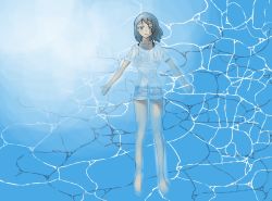 Rule 34 | 1girl, aqua eyes, artist name, artist request, bare legs, barefoot, blue eyes, blush, breasts, brown hair, collarbone, feet, female focus, full body, grey hair, hair between eyes, light brown hair, looking at viewer, love live!, love live! sunshine!!, ocean, seafloor, outstretched arms, pants, shirt, short hair, short pants, small breasts, solo, watanabe you, wet, wet clothes, wet pants, wet shirt, white shirt