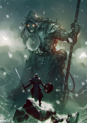 Rule 34 | 2others, absurdres, armor, arrow (projectile), chain, facing another, facing away, glowing, glowing eyes, grin, helm, helmet, highres, holding, holding polearm, holding shield, holding sword, holding weapon, hood, hood up, kalmahul, looking at another, monster, mountain, multiple others, original, pointy ears, polearm, red eyes, shield, size difference, smile, snow, snowing, spear, standing, sword, teeth, torn clothes, weapon, wrinkled skin