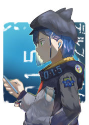 Rule 34 | 1girl, absurdres, artist name, bad id, bad pixiv id, blue flower, blue hair, blue hat, bob cut, cellphone, character name, charm (object), commentary request, copyright name, darling in the franxx, delphinium (darling in the franxx), drill, earbuds, earphones, flower, from side, frown, gradient background, green eyes, hair ornament, hair pulled back, hairclip, hand in pocket, hat, hat with ears, highres, holding, holding phone, hood, hoodie, ichigo (darling in the franxx), kill la kill, liang (d.r.), looking at screen, matoi ryuuko, multicolored clothes, multicolored hoodie, one eye covered, phone, shaded face, short hair, simple background, solo, standing, tengen toppa gurren lagann, visor