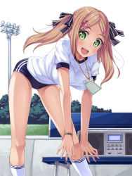 Rule 34 | 1girl, :d, backlighting, bench, blonde hair, blouse, boombox, breasts, buruma, day, female focus, green eyes, gym uniform, hair ornament, hair ribbon, hairclip, hisho collection, kneehighs, large breasts, leaning forward, looking at viewer, open mouth, outdoors, ribbon, shirt, smile, socks, solo, sweat, white shirt, yokaze japan
