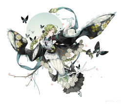 Rule 34 | 1girl, absurdres, ahoge, bird, black butterfly, black nails, black shirt, blue bow, blue bowtie, blue shawl, bow, bowtie, braid, branch, bug, butterfly, circle, clover facial mark, clover print, facial mark, floating clothes, flower, forehead mark, full body, green footwear, green hair, grey skirt, hair flower, hair ornament, hands up, highres, insect, lite luyu, long braid, long hair, long skirt, long sleeves, looking at viewer, low-braided long hair, low-tied long hair, original, outstretched arm, parted bangs, parted lips, pencil skirt, pink flower, sample watermark, shawl, shirt, single braid, skirt, socks, solo, turning head, very long hair, watermark, weibo logo, weibo watermark, white flower, white socks, wide sleeves, yellow eyes