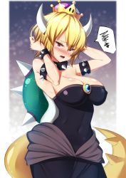 Rule 34 | 1girl, armlet, bare shoulders, black dress, blonde hair, blue eyes, blush, bowsette, bracelet, breasts, cleavage, collar, crown, dress, earrings, fang, highres, horns, jewelry, kawaruhi, large breasts, long hair, looking at viewer, mario (series), new super mario bros. u deluxe, nintendo, pointy ears, ponytail, revision, solo, spiked bracelet, spiked collar, spiked shell, spiked tail, spikes, strapless, strapless dress, super crown, tail, turtle shell