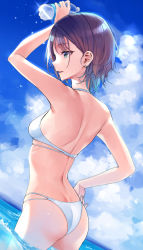 Rule 34 | 1girl, arm up, asakura toru, ass, back, bare arms, bare shoulders, bikini, blue eyes, blue sky, breasts, cloud, commentary request, day, earrings, from behind, hand on own hip, highres, holding, idolmaster, idolmaster shiny colors, jewelry, medium breasts, mirei, ocean, outdoors, purple hair, short hair, sky, smile, solo, standing, swimsuit, wading, water, water drop, wet, white bikini