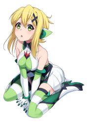 Rule 34 | 1girl, akatsuki kirika, bare shoulders, blonde hair, blush, boots, breasts, collarbone, commentary request, covered navel, elbow gloves, full body, gloves, green eyes, hair between eyes, hair ornament, high heel boots, high heels, looking at viewer, medium breasts, open mouth, senki zesshou symphogear, shiny skin, short hair, simple background, sitting, skindentation, skirt, solo, striped clothes, striped legwear, striped thighhighs, thighhighs, tsukamoto kensuke, wariza, white background, white gloves, white skirt, x hair ornament