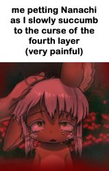 Rule 34 | 1other, ambiguous gender, bune poster, commentary, crying, crying with eyes open, english commentary, english text, furry, green eyes, headpat, horizontal pupils, in-universe location, looking at viewer, made in abyss, medium hair, meme, nanachi (made in abyss), pov, streaming tears, tears, triangle mouth, upper body, whiskers, white hair