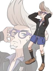 Rule 34 | 1boy, black jacket, black socks, blue shorts, clavell (pokemon), creatures (company), disguise, facial hair, game freak, glasses, goatee, grey eyes, grey hair, jacket, male focus, nintendo, pokemon, pokemon sv, pompadour, projected inset, risapaso, school uniform, shorts, socks, uva academy school uniform, white background