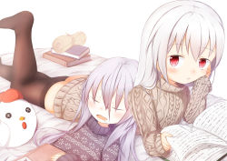 Rule 34 | 2girls, :d, :t, absurdres, aran sweater, bed sheet, black sweater, book, book stack, brown legwear, brown sweater, cable knit, closed mouth, commentary request, drooling, grey hair, hair between eyes, highres, leg up, long sleeves, lying, multiple girls, no shoes, on back, on stomach, open book, open mouth, original, red eyes, saliva, simple background, sleeves past wrists, smile, stuffed chicken, su guryu, sweater, thighhighs, turtleneck, turtleneck sweater, white background