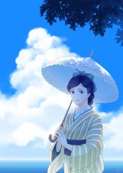 Rule 34 | 1girl, bad id, bad pixiv id, black hair, blue eyes, blue sky, braid, closed mouth, cloud, commentary request, cumulonimbus cloud, highres, holding, holding umbrella, japanese clothes, kimono, long hair, long sleeves, looking at viewer, md5 mismatch, mole, mole under eye, ocean, orange005, original, outdoors, parasol, resolution mismatch, revision, scenery, sky, smile, solo, source smaller, striped clothes, striped kimono, summer, swept bangs, tree, umbrella, vertical-striped clothes, vertical-striped kimono, watermark, wide sleeves, yellow kimono