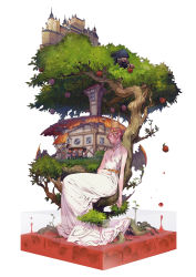 Rule 34 | 2girls, 4boys, apple, belt, breasts, carrying, castle, cleavage, coffin, crown, dress, dwarf, faux figurine, food, fruit, hood, house, in tree, multiple boys, multiple girls, queen (snow white), red hair, ryota-h, sleeping, sleeping upright, sleeveless, sleeveless dress, small breasts, snow white, snow white (grimm), snow white and the seven dwarfs, tree, white dress