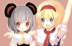 Rule 34 | 2girls, alice margatroid, animal ears, blonde hair, blue eyes, blush, cookie (touhou), grey hair, hairband, ichigo (cookie), looking at another, looking at viewer, miyako (naotsugu), mouse ears, multiple girls, nazrin (touhou), nyon (cookie), open mouth, parted lips, puffy short sleeves, puffy sleeves, red eyes, short hair, short sleeves, smile, touhou, upper body