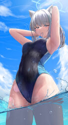 Rule 34 | 1girl, animal ear fluff, animal ears, armpits, arms behind head, arms up, bare shoulders, blue archive, blue eyes, blue one-piece swimsuit, blush, breasts, competition swimsuit, cross hair ornament, grey hair, hair ornament, halo, highleg, highleg swimsuit, highres, light rays, looking at viewer, medium breasts, medium hair, multicolored clothes, multicolored swimsuit, official alternate costume, one-piece swimsuit, presenting armpit, revision, shiroko (blue archive), shiroko (swimsuit) (blue archive), sidelocks, silver bullet (ecc12 8), solo, sunlight, swimsuit, thighs, wading, wet, wolf ears