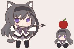 Rule 34 | 2girls, :&lt;, akemi homura, animal ears, apple, arrow (projectile), black hair, black pantyhose, blush, bow (weapon), cat ears, cat girl, cat tail, chibi, closed mouth, food, fruit, hairband, holding, holding arrow, holding bow (weapon), holding weapon, long hair, long sleeves, looking at another, mahou shoujo madoka magica, mahou shoujo madoka magica (anime), multiple girls, pantyhose, purple eyes, tail, weapon, william tell (legend), yuno385