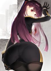 Rule 34 | 1girl, arm up, ass, blush, breasts, closed mouth, commentary, dress, dutch angle, from behind, girls&#039; frontline, gloves, hand on own ass, highres, huge ass, long hair, long sleeves, looking at viewer, looking back, medium breasts, nakamura takeshi, ass, panties, panties under pantyhose, pantyhose, pantylines, purple eyes, purple hair, short dress, simple background, solo, thighs, underwear, wa2000 (girls&#039; frontline)