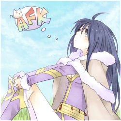 Rule 34 | 1girl, afk, ark kan, black eyes, black hair, blush, boots, breasts, brown cape, cape, cat, cleavage, closed mouth, commentary request, dress, feet out of frame, fur-trimmed cape, fur trim, grass, long hair, looking up, medium breasts, purple dress, purple footwear, ragnarok online, sitting, solo, wizard (ragnarok online)