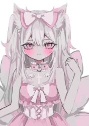 Rule 34 | 1girl, animal ear fluff, animal ears, bare shoulders, blush, border, bow, closed mouth, collar, cross, dress, fox ears, fox girl, fox tail, frilled collar, frilled dress, frills, hair between eyes, hair bow, hand up, highres, latin cross, limited palette, long hair, looking at viewer, multiple tails, original, pink bow, pink collar, pink dress, pink eyes, shiona (siona0625), simple background, sleeveless, sleeveless dress, solo, straight-on, tail, upper body, white background, white border, wing ornament