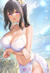 Rule 34 | 1girl, bare shoulders, bikini, bikini top only, black hair, blue eyes, blush, breasts, cleavage, collarbone, commentary request, crossed arms, floral print, groin, hair between eyes, highres, idolmaster, idolmaster cinderella girls, idolmaster cinderella girls starlight stage, large breasts, long hair, looking at viewer, mk (mod0), navel, no panties, open mouth, sagisawa fumika, sarong, solo, swimsuit, twintails, wet, white bikini