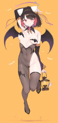Rule 34 | 1girl, ;), absurdres, animal ears, arm behind head, arm up, bare shoulders, bat wings, black hair, breasts, cloba, commentary, detached collar, detached sleeves, full body, grin, hair ornament, hairclip, halloween, heart pasties, highres, holding, holding lantern, lantern, long sleeves, looking at viewer, maebari, medium breasts, navel, one eye closed, orange background, original, pasties, player 2 (cloba), red eyes, revealing clothes, see-through, short hair, simple background, single thighhigh, smile, solo, thighhighs, v, wings