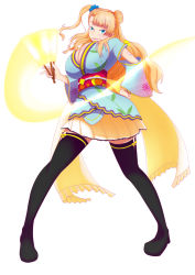 Rule 34 | 1girl, afterimage, asymmetrical hair, ayase eli, ayase eli (cosplay), blonde hair, blue eyes, blush, boots, breasts, cleavage, cosplay, detached sleeves, full body, galko, glowstick, hair bun, hand on own hip, highres, huge breasts, japanese clothes, kimono, koganei, long hair, looking at viewer, love live!, love live! school idol project, love live! the school idol movie, obi, one side up, open mouth, oshiete! galko-chan, pigeon-toed, sash, scrunchie, short kimono, side bun, simple background, single side bun, skirt, smile, solo, standing, thigh boots, thighhighs