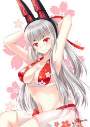 Rule 34 | 1girl, animal ears, armpits, arms up, artist name, aura kingdom, bare arms, bare shoulders, bikini, black hairband, blunt bangs, breasts, cleavage, closed mouth, collarbone, fake animal ears, floral background, floral print, fox ears, hair ribbon, hairband, head tilt, kotonoha (aura kingdom), large breasts, long hair, navel, ponytail, print bikini, red bikini, red ribbon, ribbon, see-through, short eyebrows, signature, silver hair, simple background, sitting, smile, solo, swimsuit, thick eyebrows, very long hair, villyane, white background