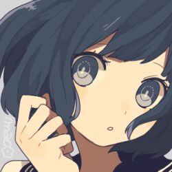 Rule 34 | 1girl, black eyes, black hair, blush, bob cut, close-up, commentary request, eyelashes, grey background, head tilt, looking at viewer, lowres, maco22, original, parted lips, profile picture, sailor collar, short hair, signature, solo