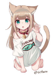 Rule 34 | 1girl, 40hara, all fours, animal collar, animal ear fluff, animal ears, aqua eyes, barefoot, blonde hair, blouse, blunt bangs, blush, cat ears, cat girl, cat tail, child, claw pose, clothes writing, collar, commentary request, fang, green eyes, kinako (40hara), long hair, looking at viewer, open mouth, original, red collar, shirt, simple background, solo, t-shirt, tail, twitter username, white background, white shirt