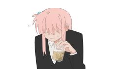 Rule 34 | 1girl, alcohol, black jacket, blush, bocchi the rock!, closed mouth, collared shirt, commentary, cube hair ornament, cup, drinking glass, flying sweatdrops, gotoh hitori, hair ornament, hair over eyes, highres, holding, holding cup, ice, ice cube, jacket, long sleeves, shirt, solo, sweatdrop, upper body, white shirt, yanlingjinshilihuahua
