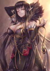 Rule 34 | 1girl, arm behind head, bare shoulders, black dress, black hair, breasts, bridal gauntlets, cleavage, detached collar, detached sleeves, dress, fate/apocrypha, fate/grand order, fate (series), frills, fur trim, jewelry, large breasts, light, lioreo, long dress, long hair, looking at viewer, necklace, one eye closed, pointy ears, queen, semiramis (fate), smile, solo, spikes, very long hair, yellow eyes